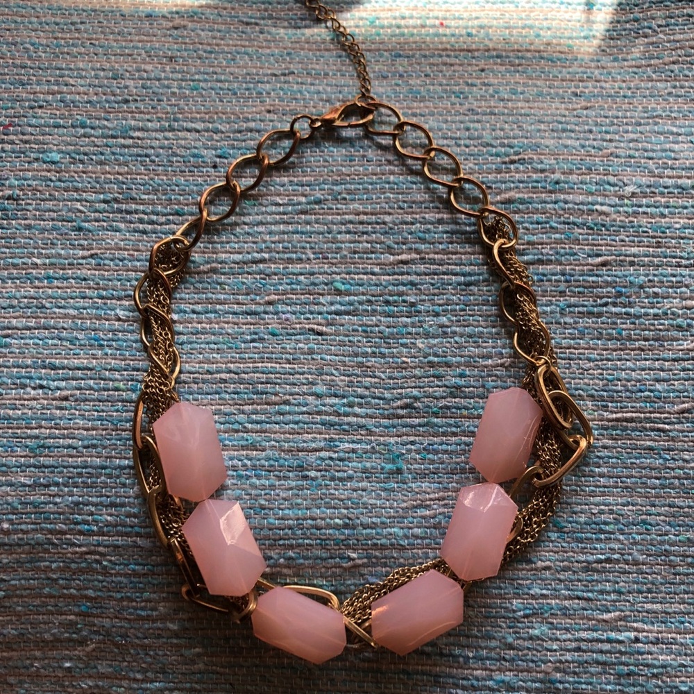 Pink stone and gold chain necklace